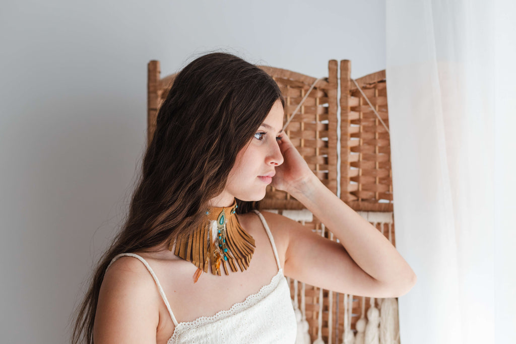 Fringed camel ankle cuffs with turquoise dreamcatcher