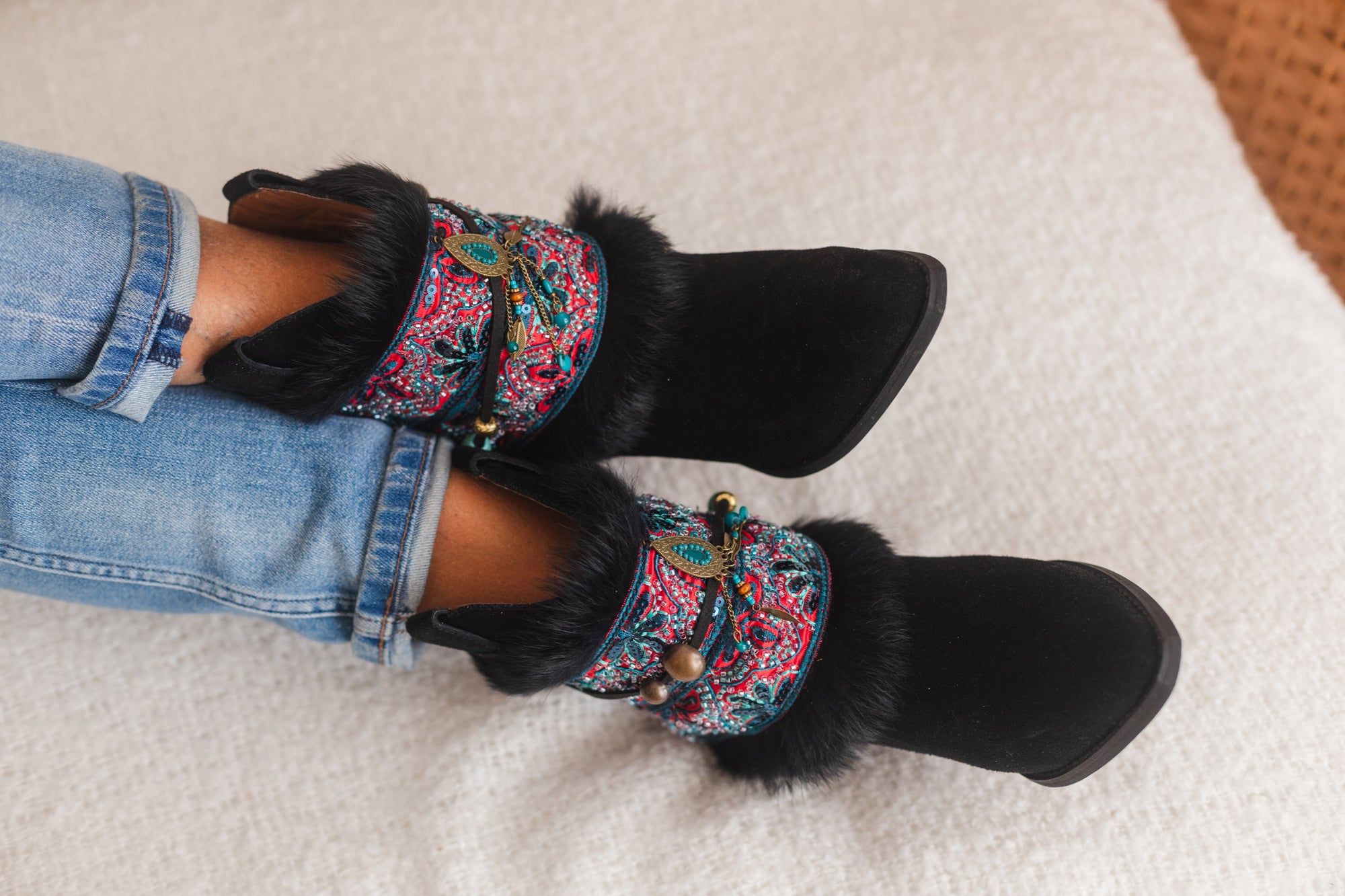 Fur Edges & Antique Gold Pendant Boot