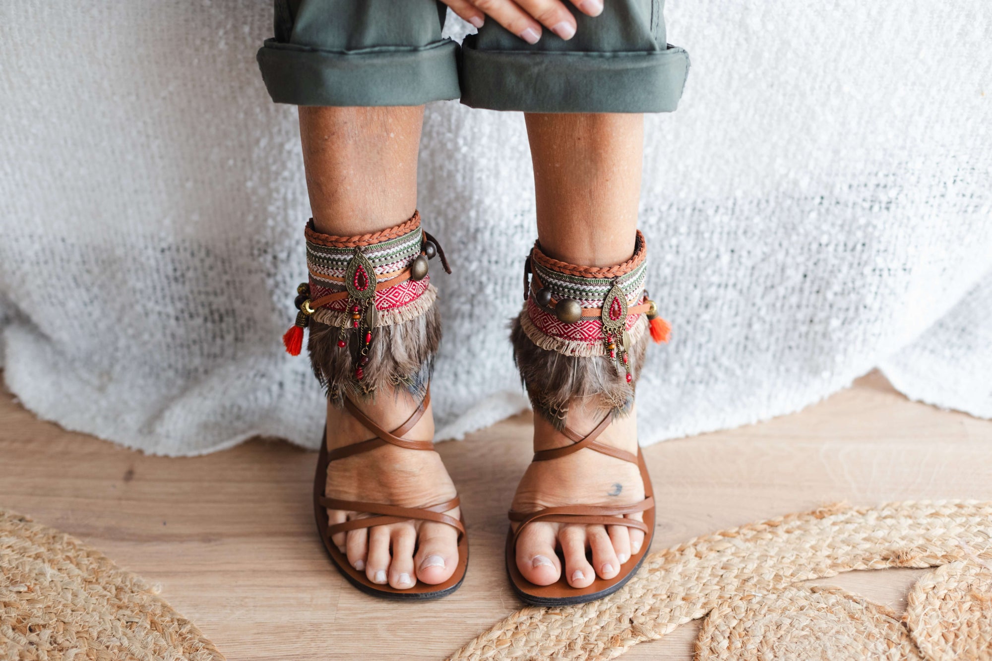 Khaki Boho Anklet with Green Feathers and Antique Gold Dreamcatcher