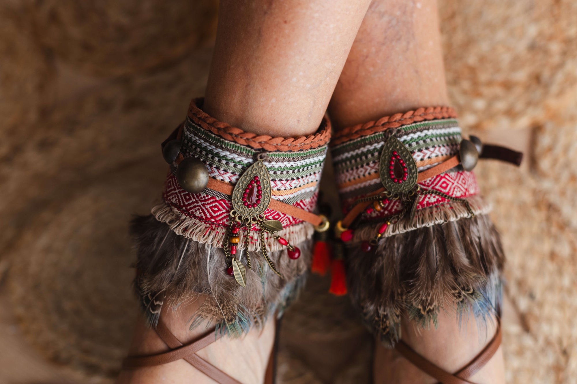 Khaki Boho Anklet with Green Feathers and Antique Gold Dreamcatcher