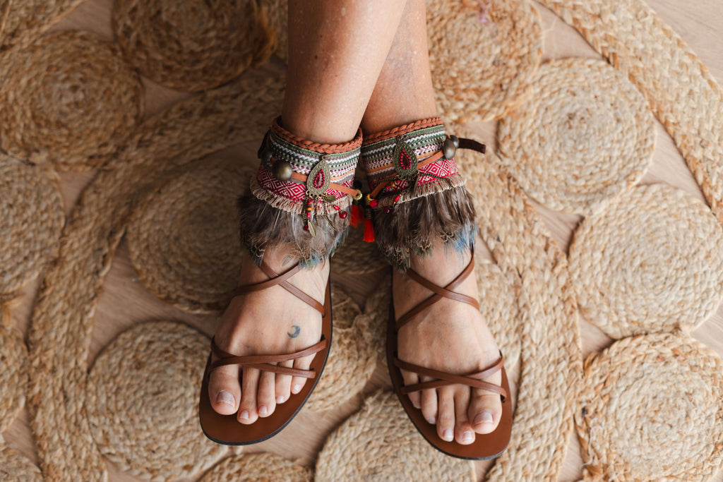 Khaki Boho Anklet with Green Feathers and Antique Gold Dreamcatcher