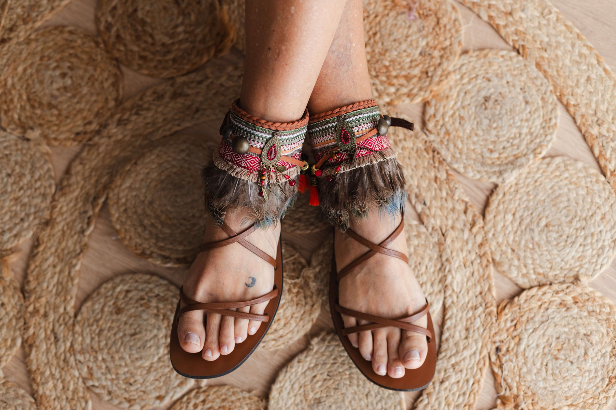 Khaki Boho Anklet with Green Feathers and Antique Gold Dreamcatcher