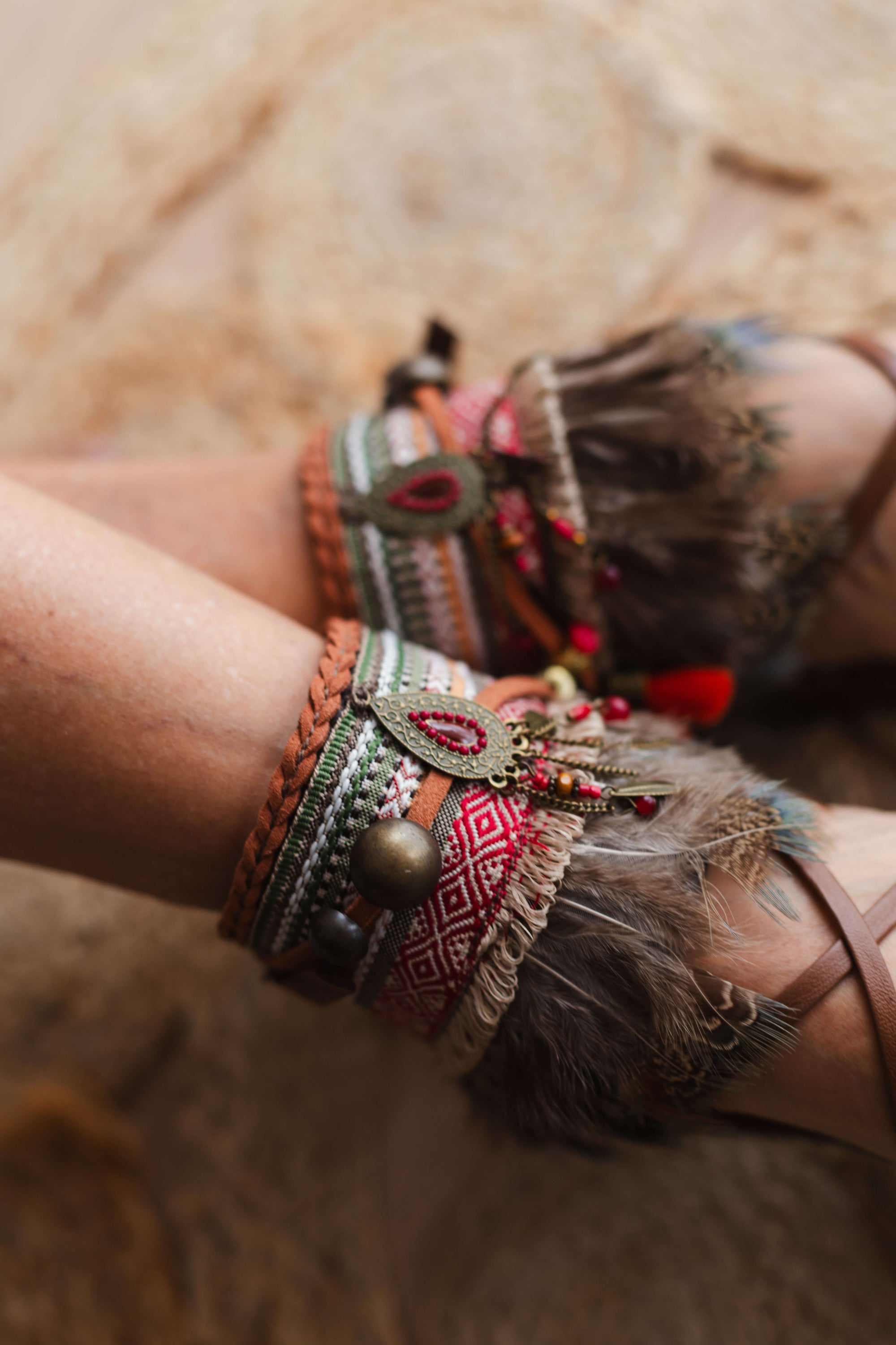 Khaki Boho Anklet with Green Feathers and Antique Gold Dreamcatcher
