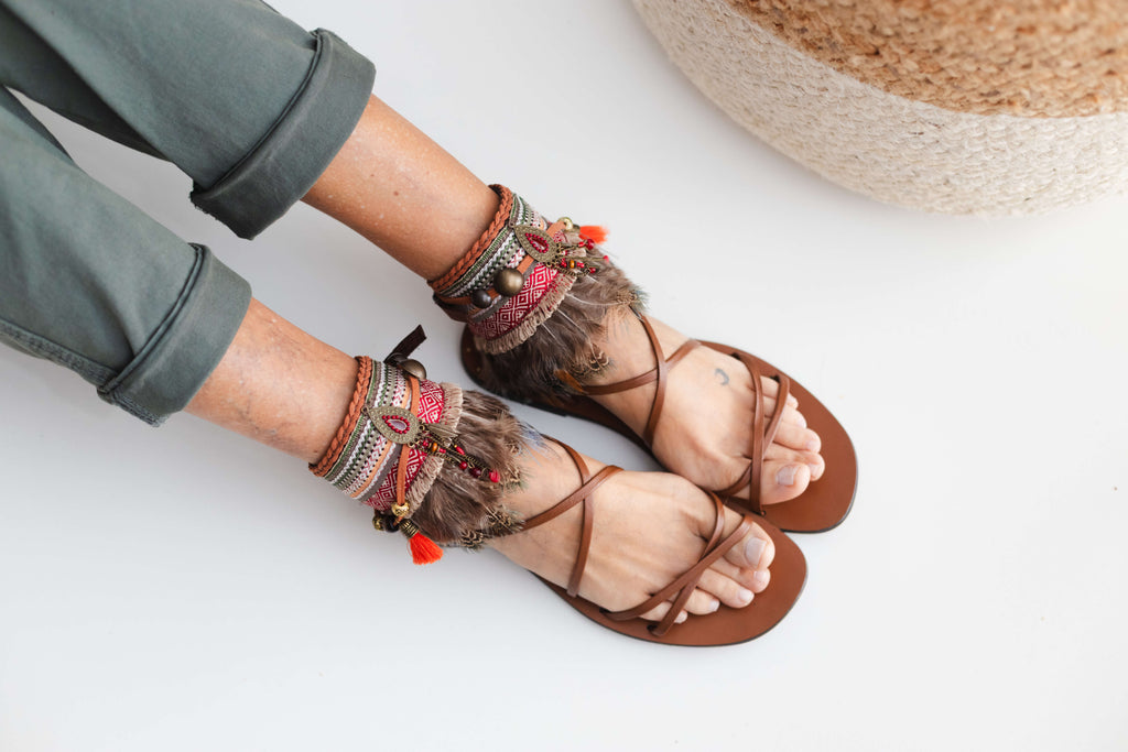 Khaki Boho Anklet with Green Feathers and Antique Gold Dreamcatcher