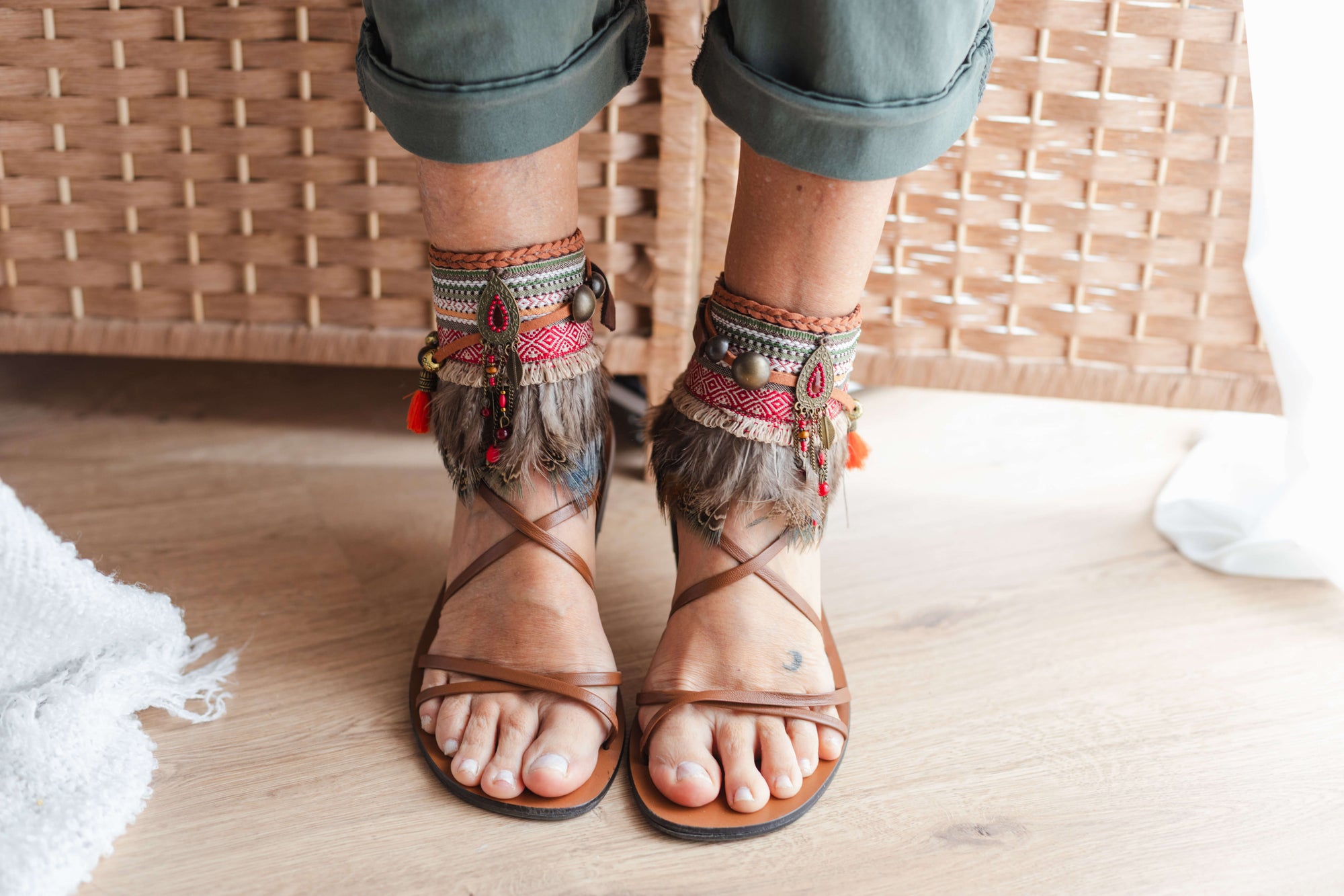 Khaki Boho Anklet with Green Feathers and Antique Gold Dreamcatcher