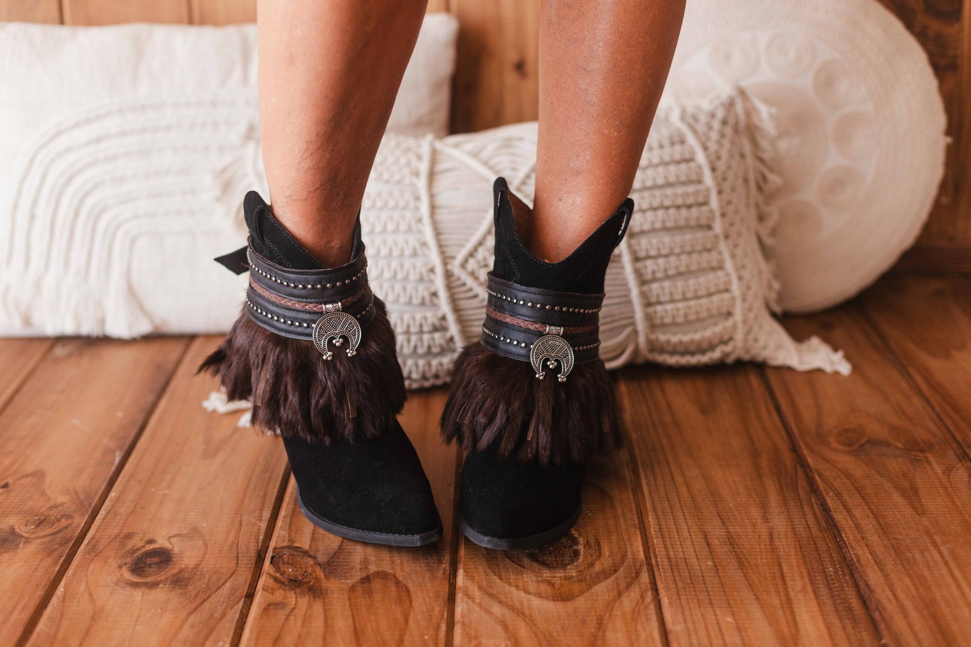 Leather Fur Western Fringe Boots