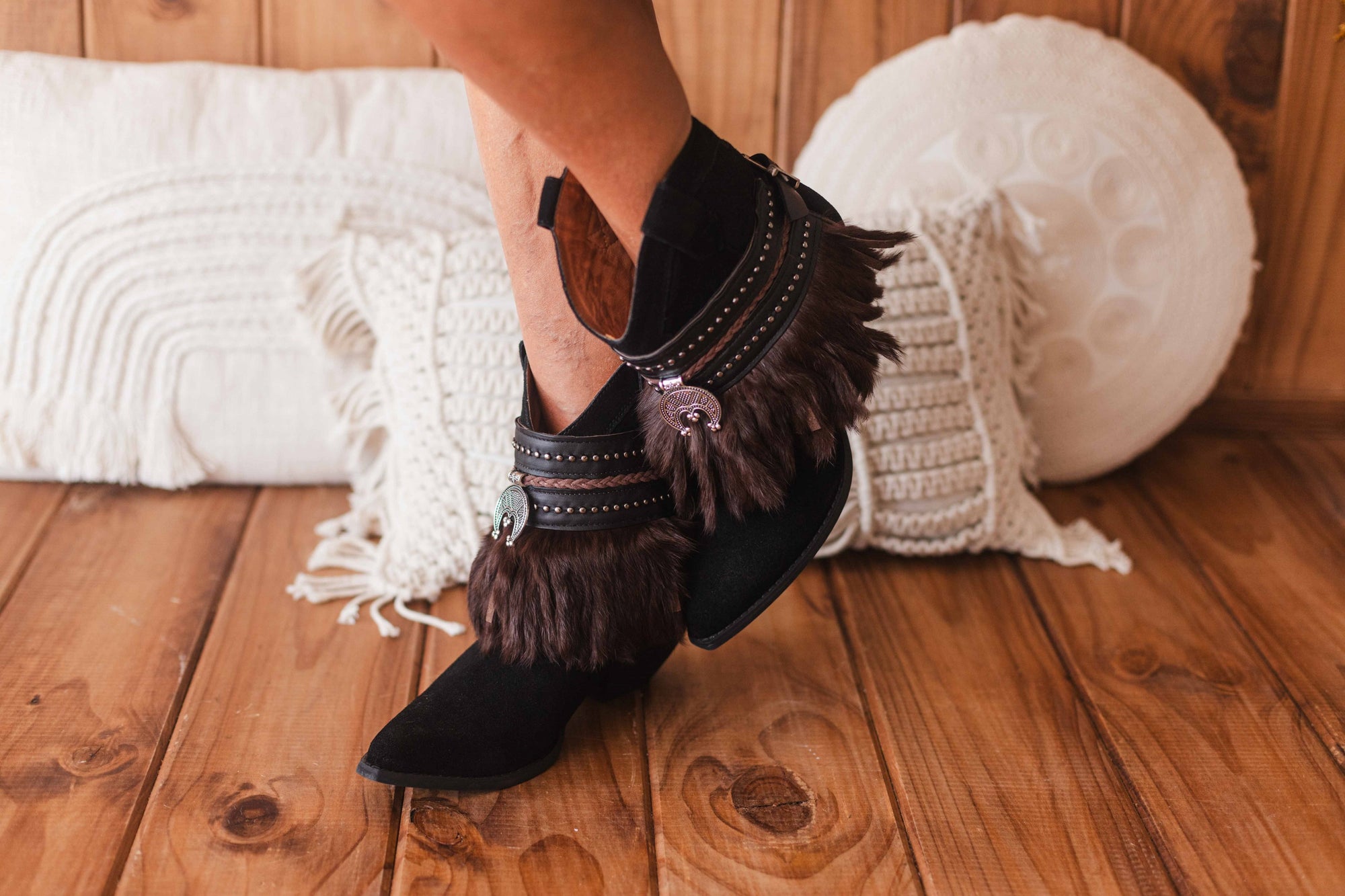 Leather Fur Western Fringe Boots