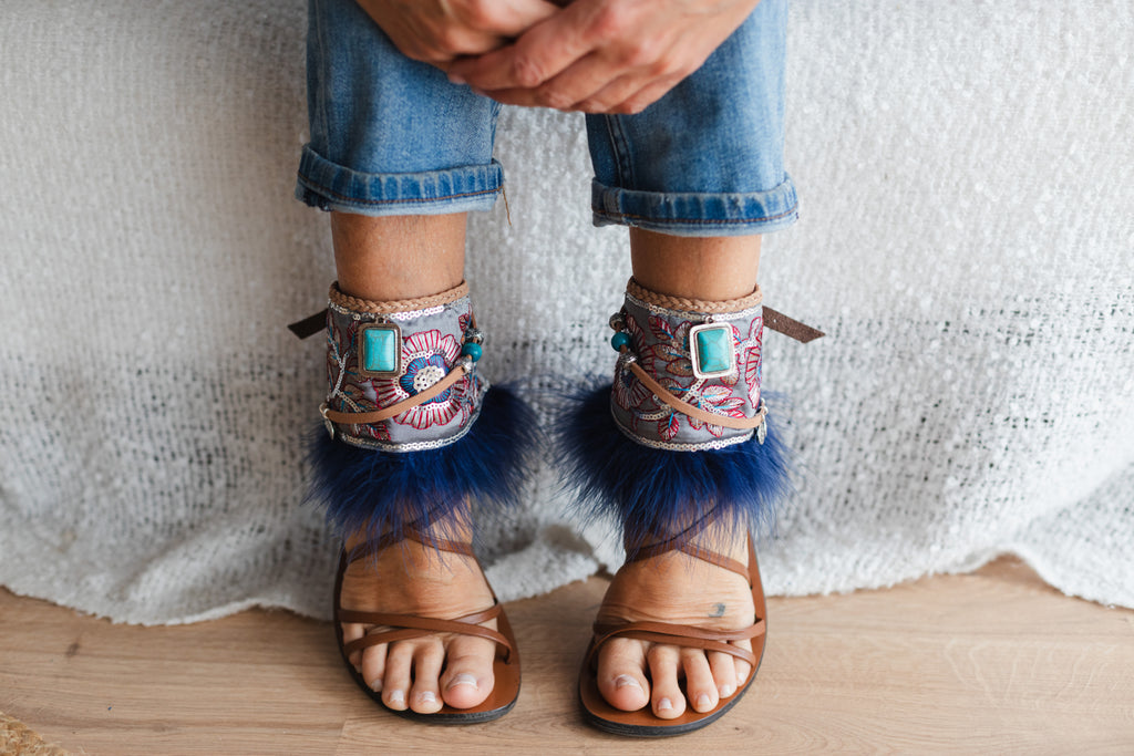 Marabou Feather Anklets with Turquoise and Silver Details