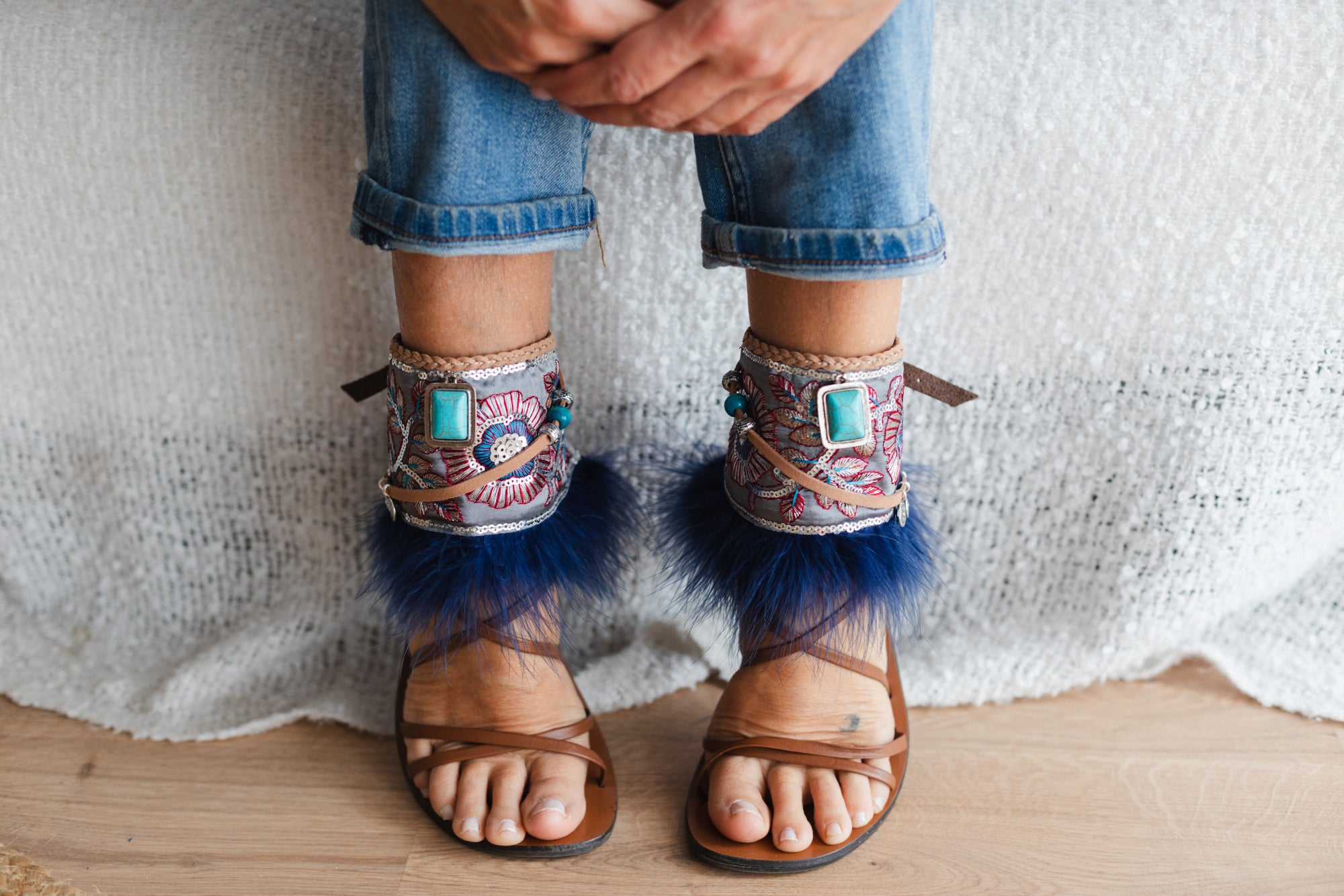 Marabou Feather Anklets with Turquoise and Silver Details