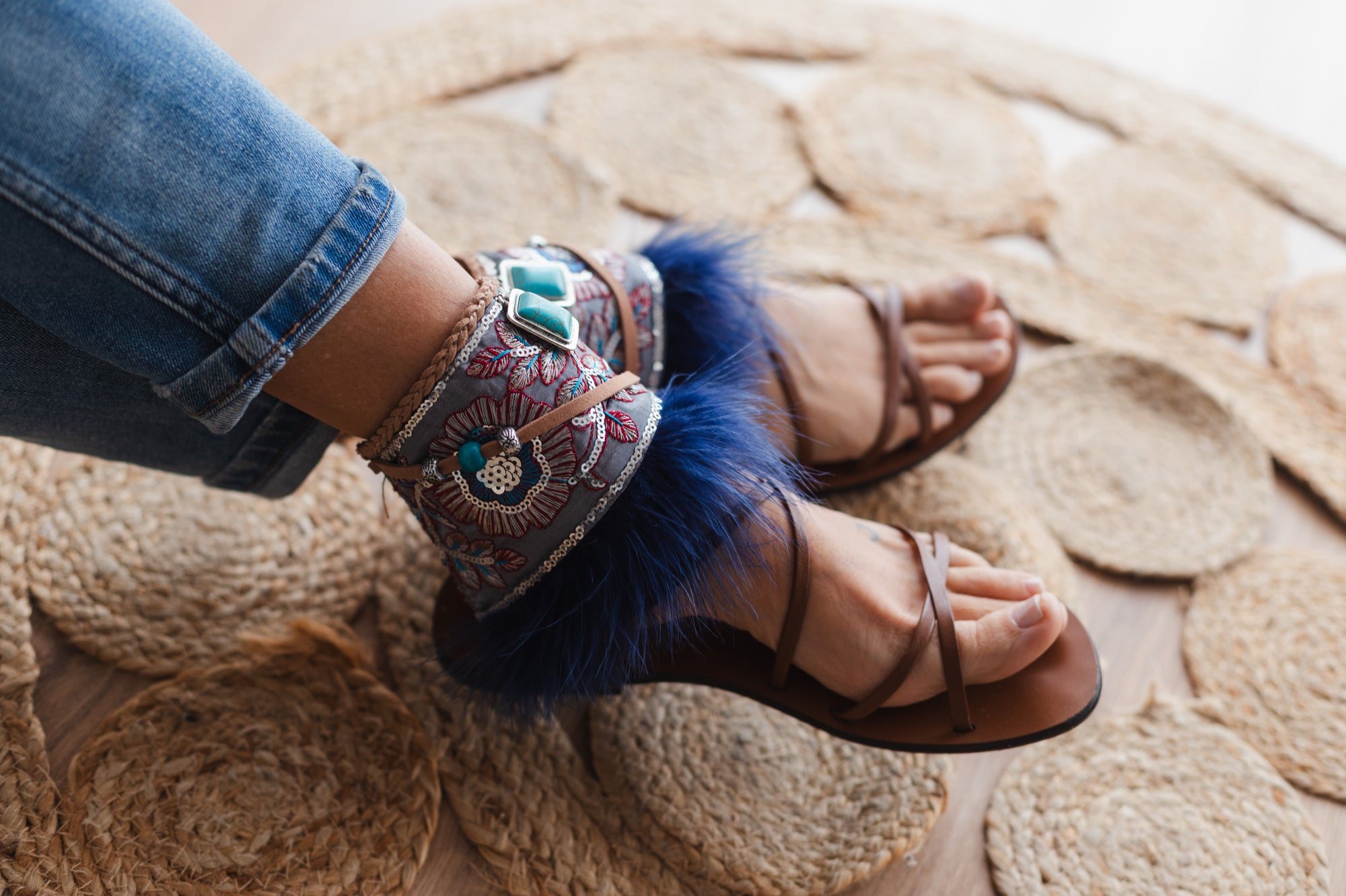 Marabou Feather Anklets with Turquoise and Silver Details