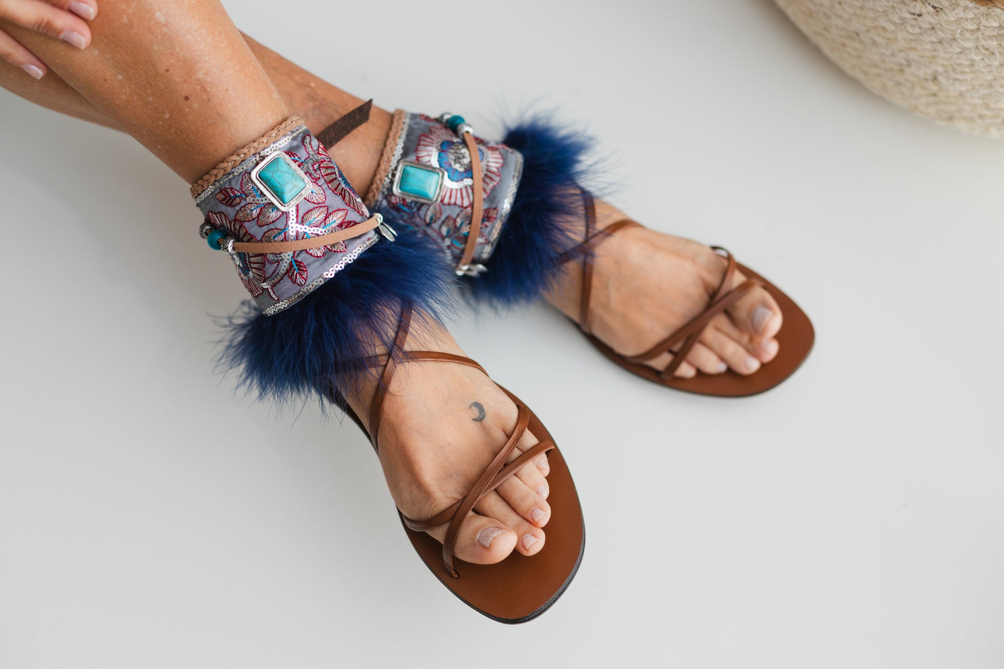 Marabou Feather Anklets with Turquoise and Silver Details