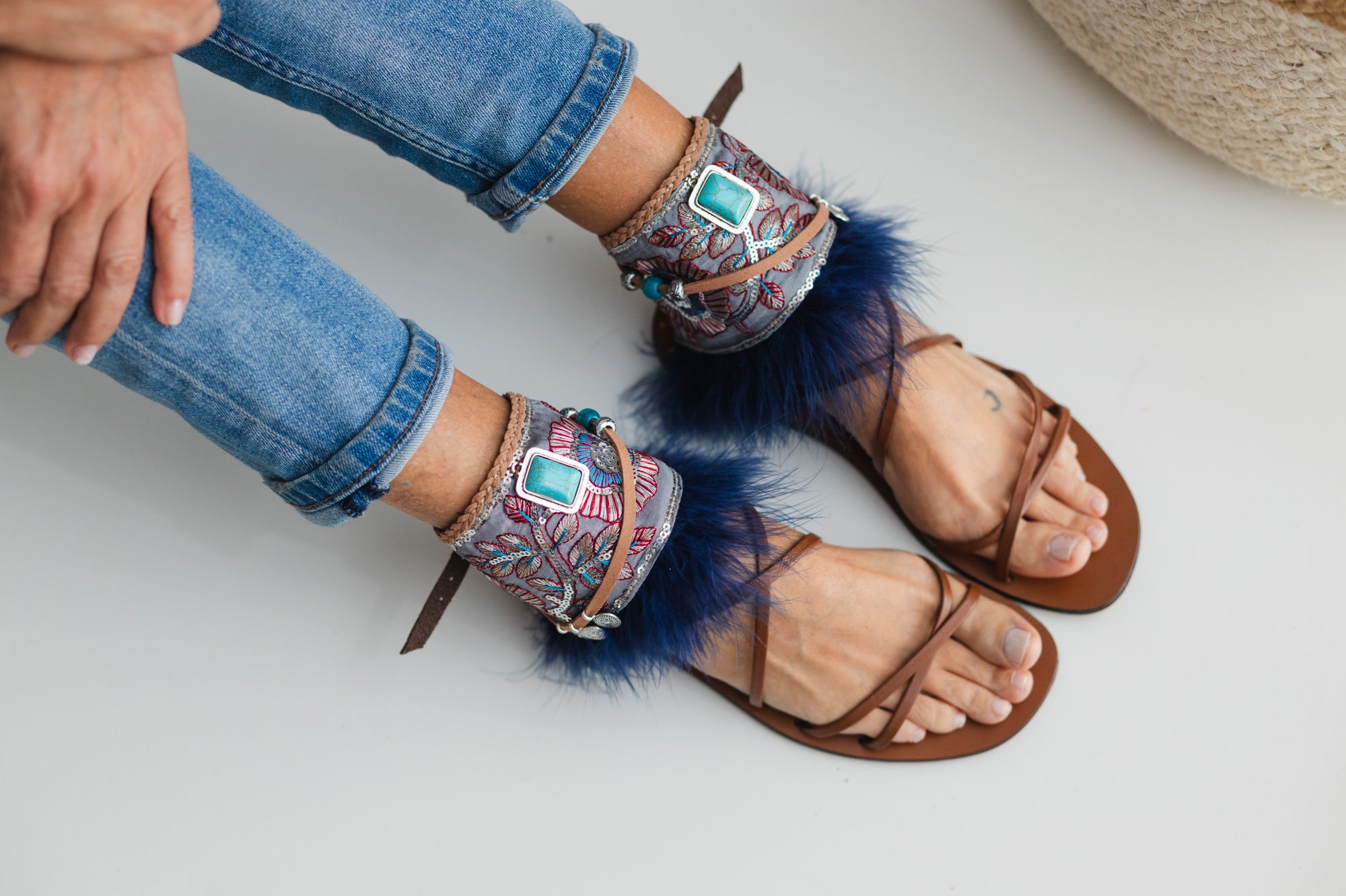 Marabou Feather Anklets with Turquoise and Silver Details