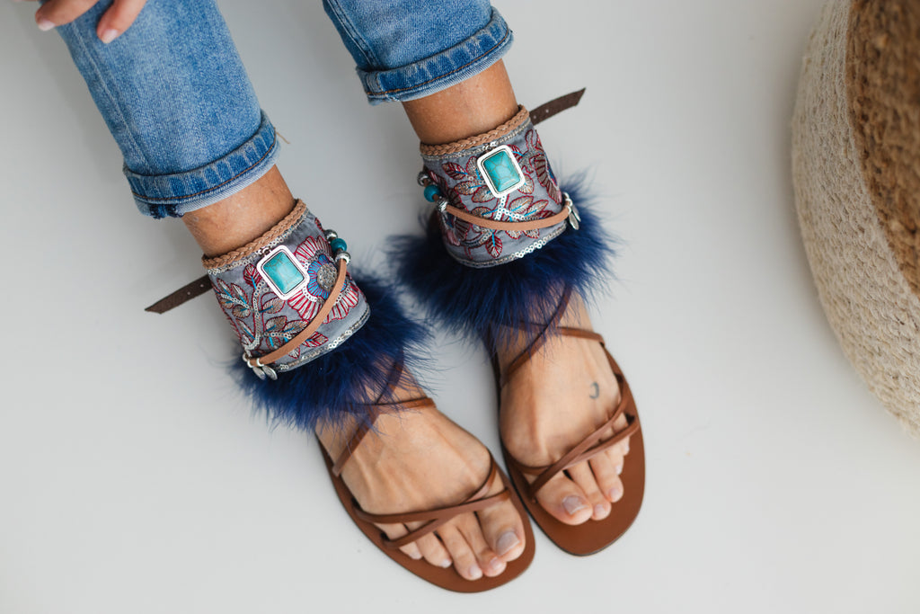 Marabou Feather Anklets with Turquoise and Silver Details