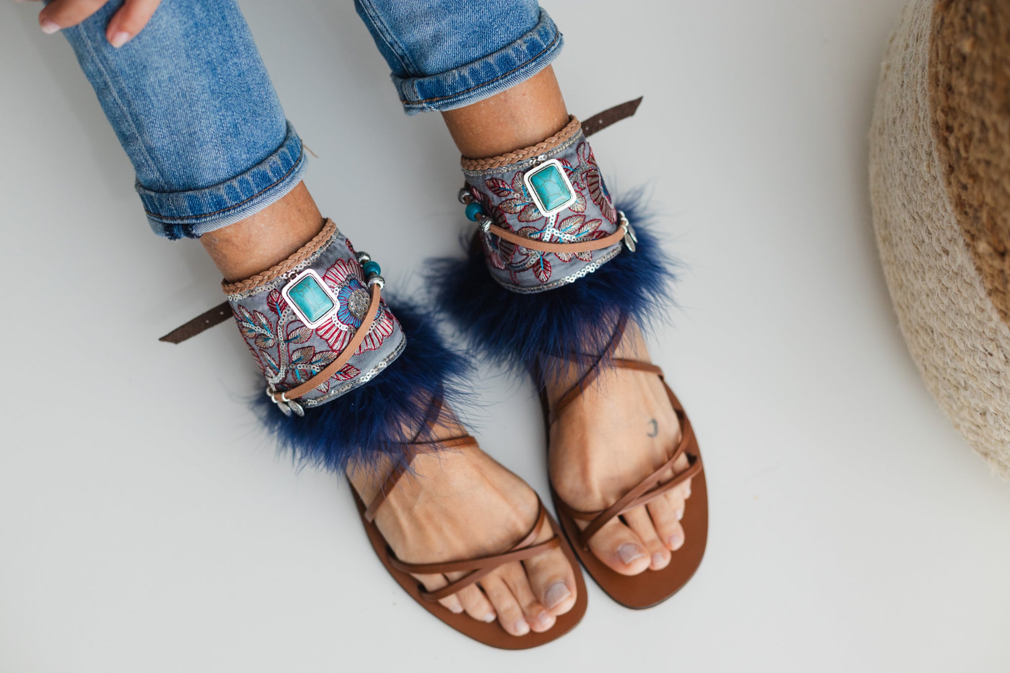 Marabou Feather Anklets with Turquoise and Silver Details