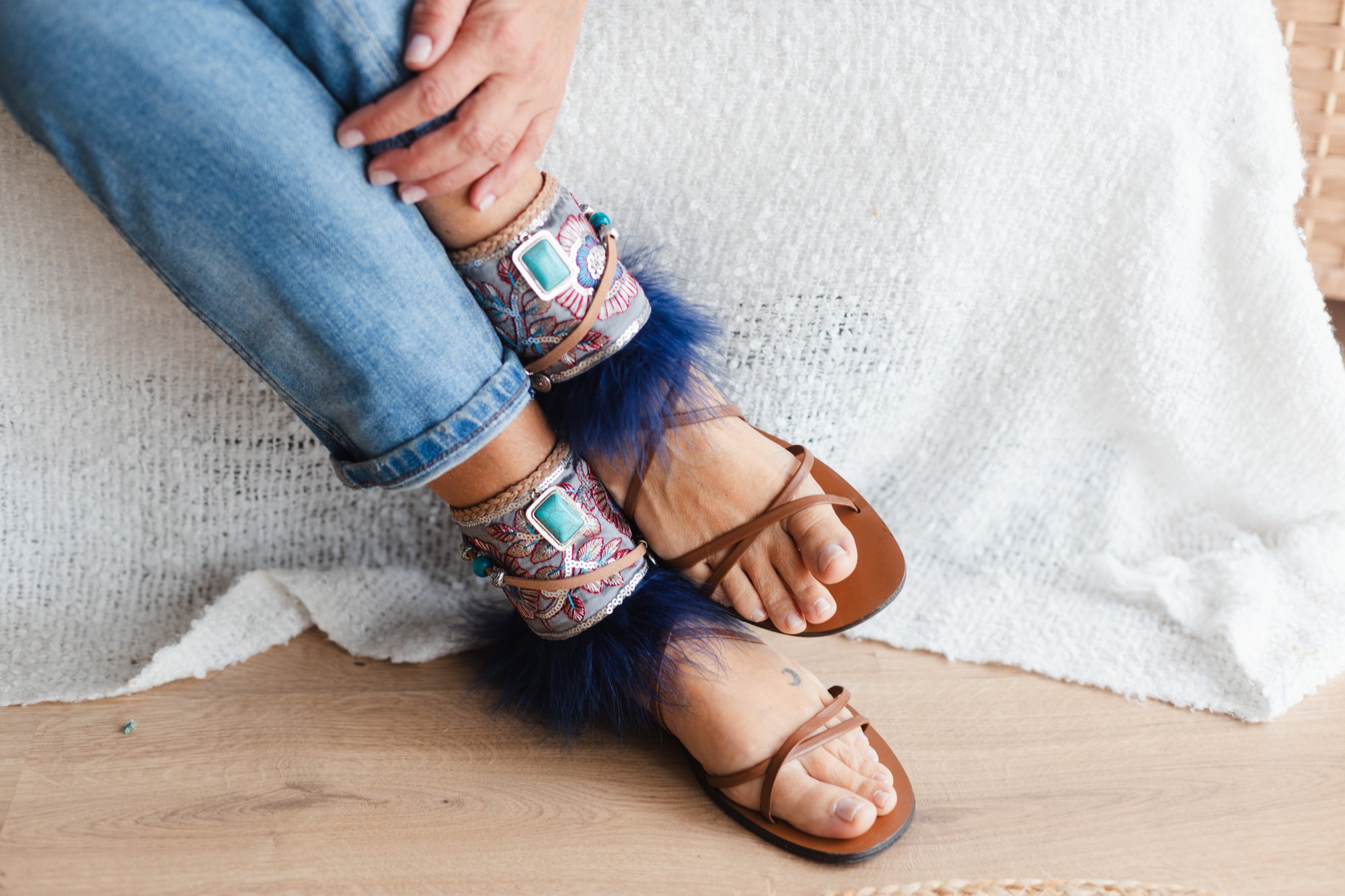 Marabou Feather Anklets with Turquoise and Silver Details