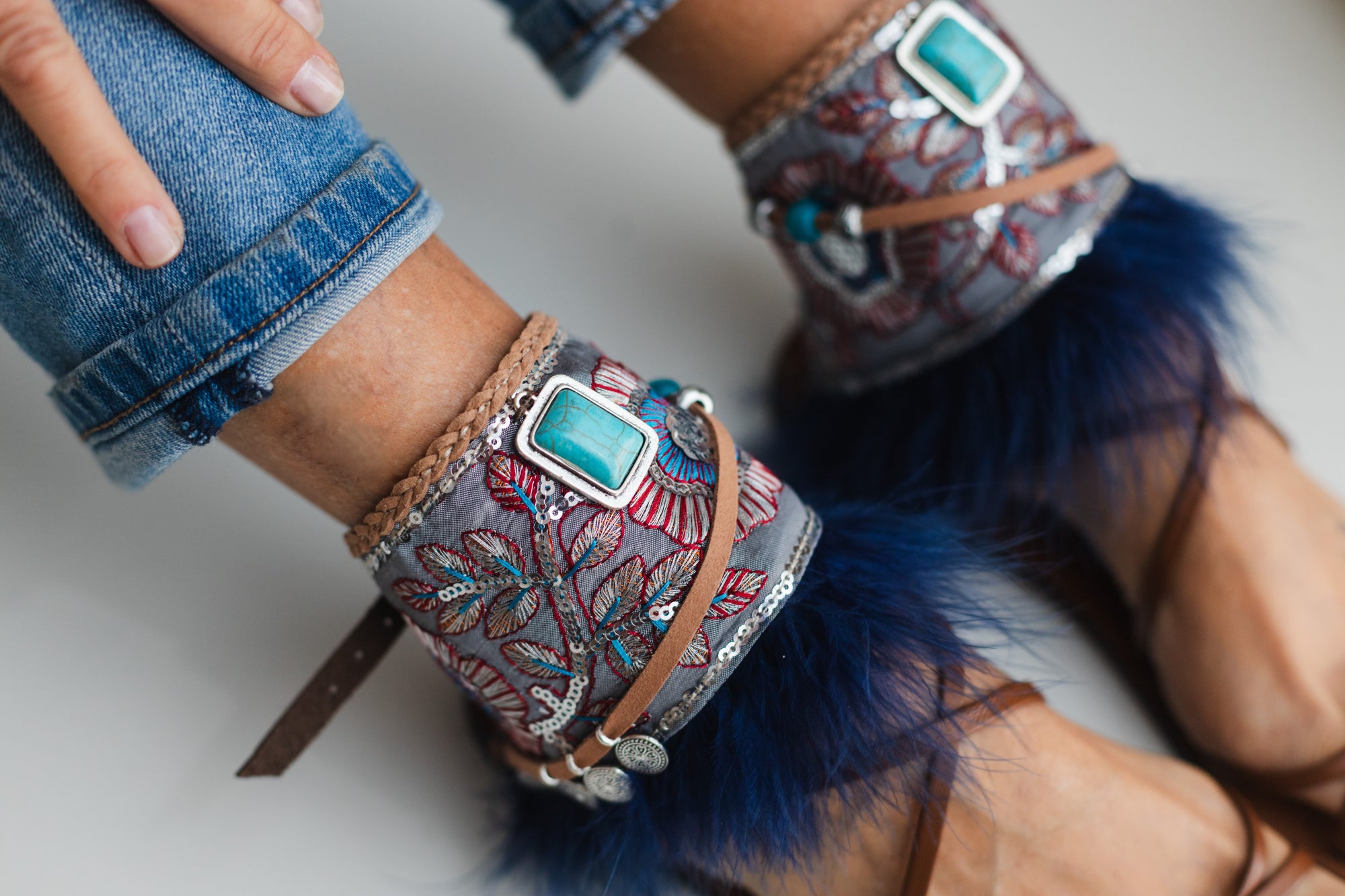 Marabou Feather Anklets with Turquoise and Silver Details