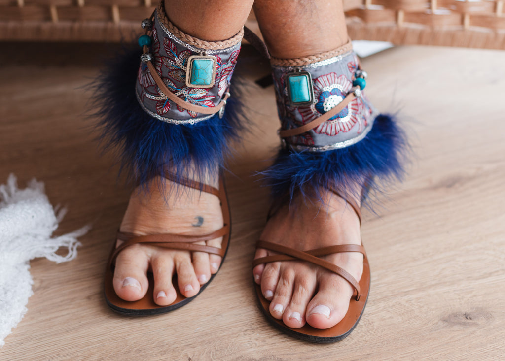 Marabou Feather Anklets with Turquoise and Silver Details