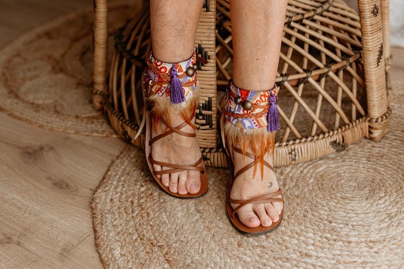 Stunning Purple and Orange Feather Fringe Sandal Ankle Ties
