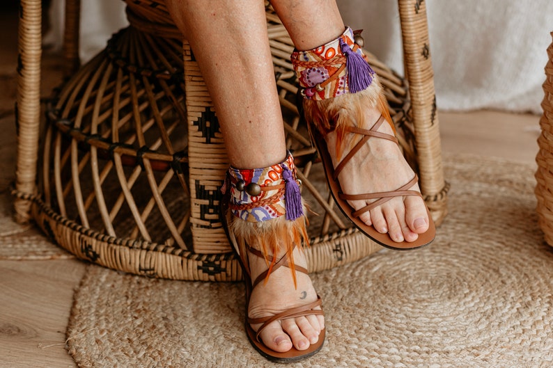 Stunning Purple and Orange Feather Fringe Sandal Ankle Ties