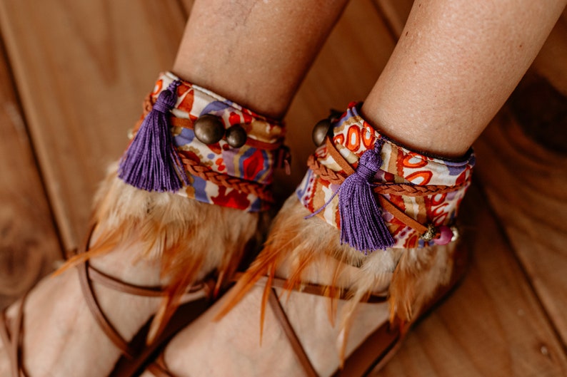 Stunning Purple and Orange Feather Fringe Sandal Ankle Ties