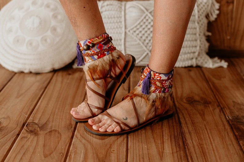 Stunning Purple and Orange Feather Fringe Sandal Ankle Ties