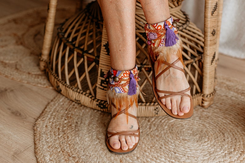 Stunning Purple and Orange Feather Fringe Sandal Ankle Ties