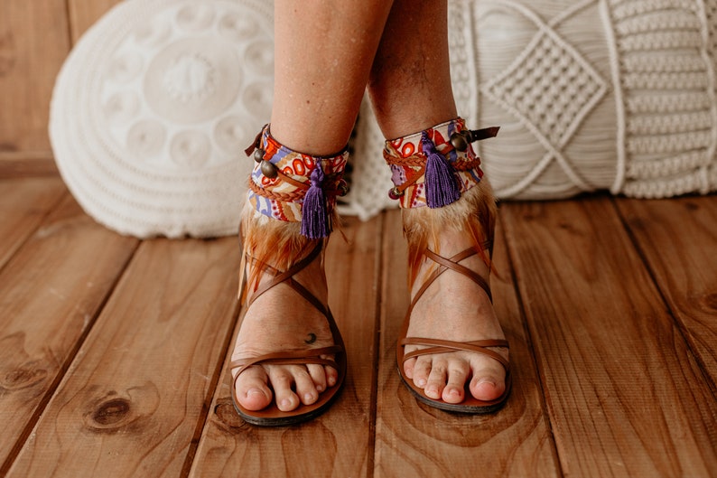 Stunning Purple and Orange Feather Fringe Sandal Ankle Ties