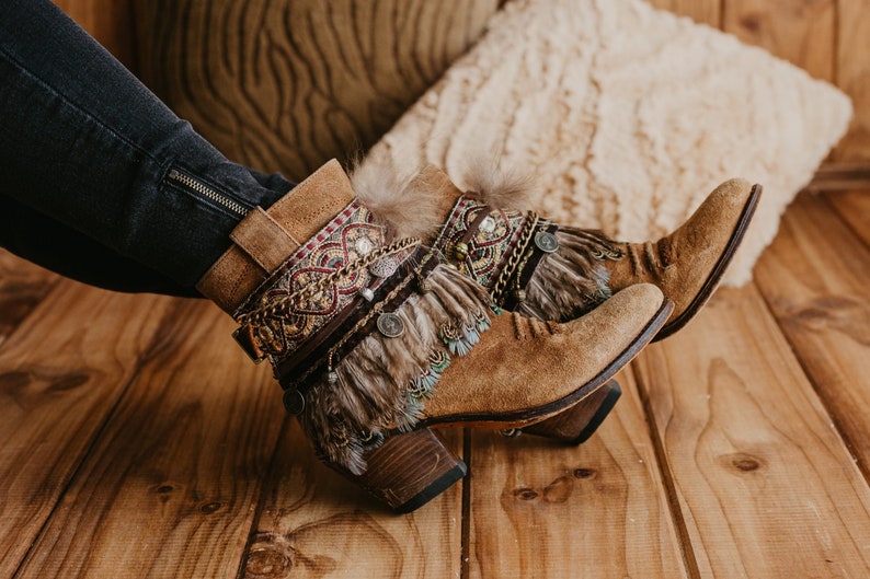 Feather Fringe Vintage Embroidered Boot Covers