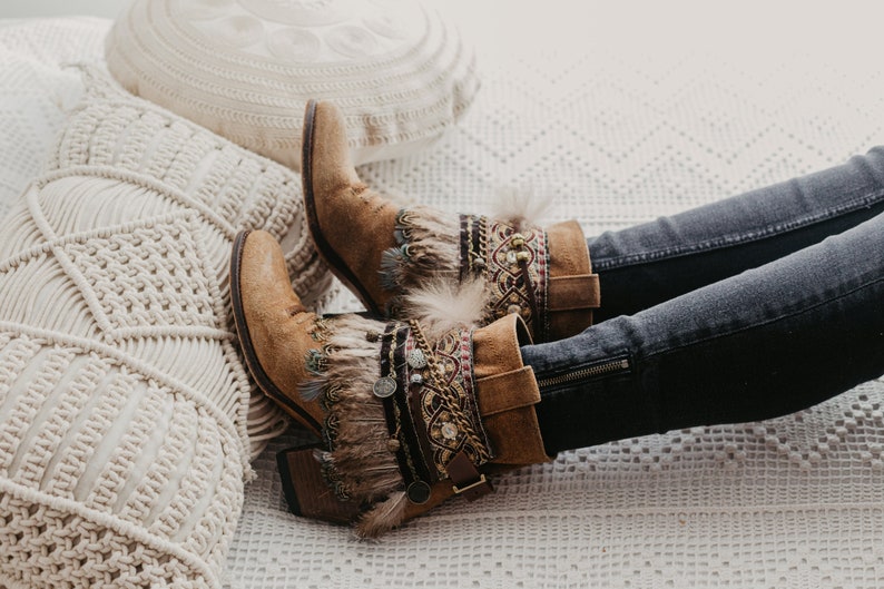 Feather Fringe Vintage Embroidered Boot Covers