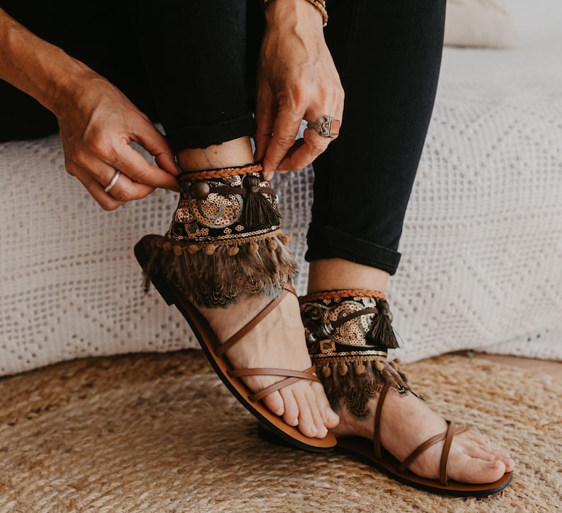 Ethnic Feather Ankle Belt Wrap Sandals