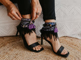 Women's Boho Black Purple Lace Sandal Anklet Belt