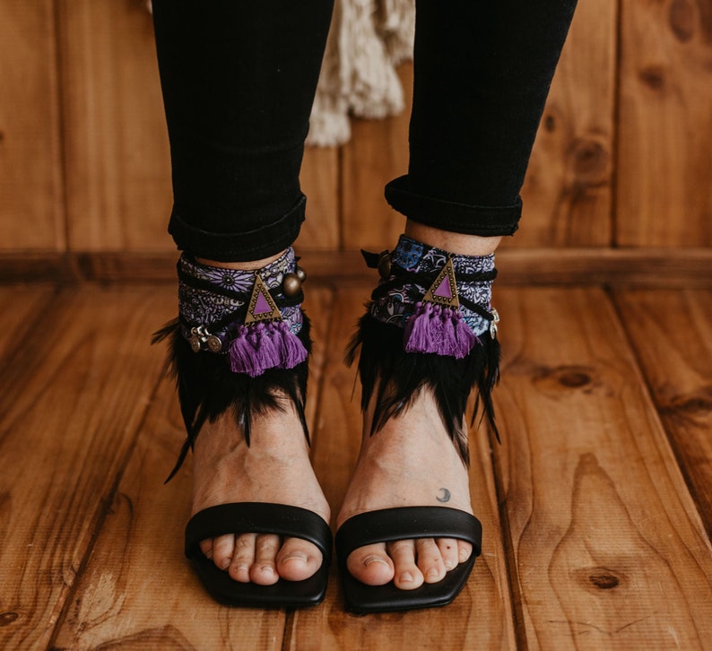 Women's Boho Black Purple Lace Sandal Anklet Belt