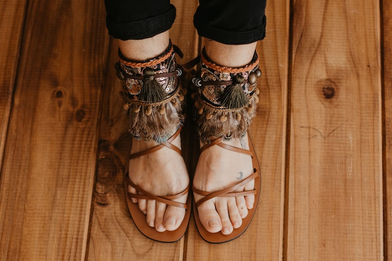 Ethnic Feather Ankle Belt Wrap Sandals