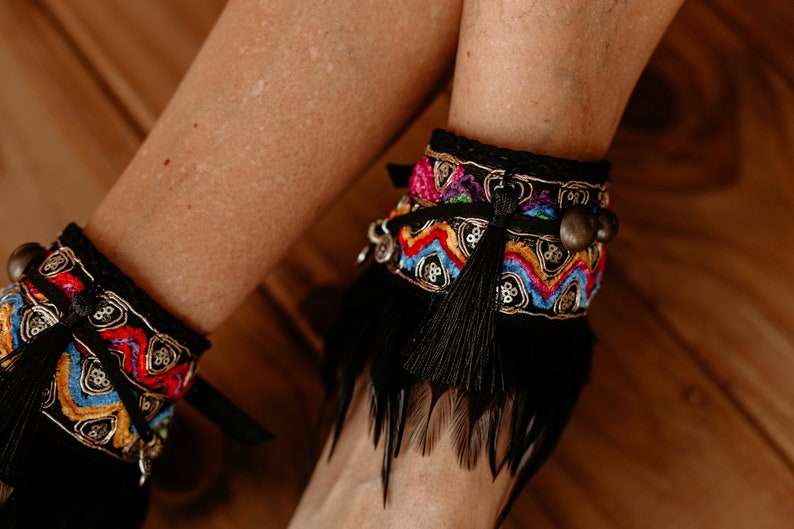 Colorful Boho Festival Sandal Ankle Wrap With Tassel & Feather Fringe