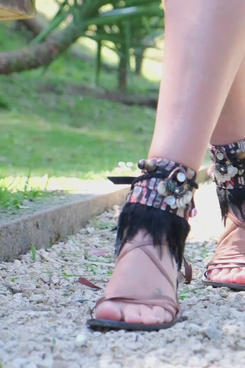 Video Boho Decorative Sandal Ankle Wraps With Feather Fringe & Beads